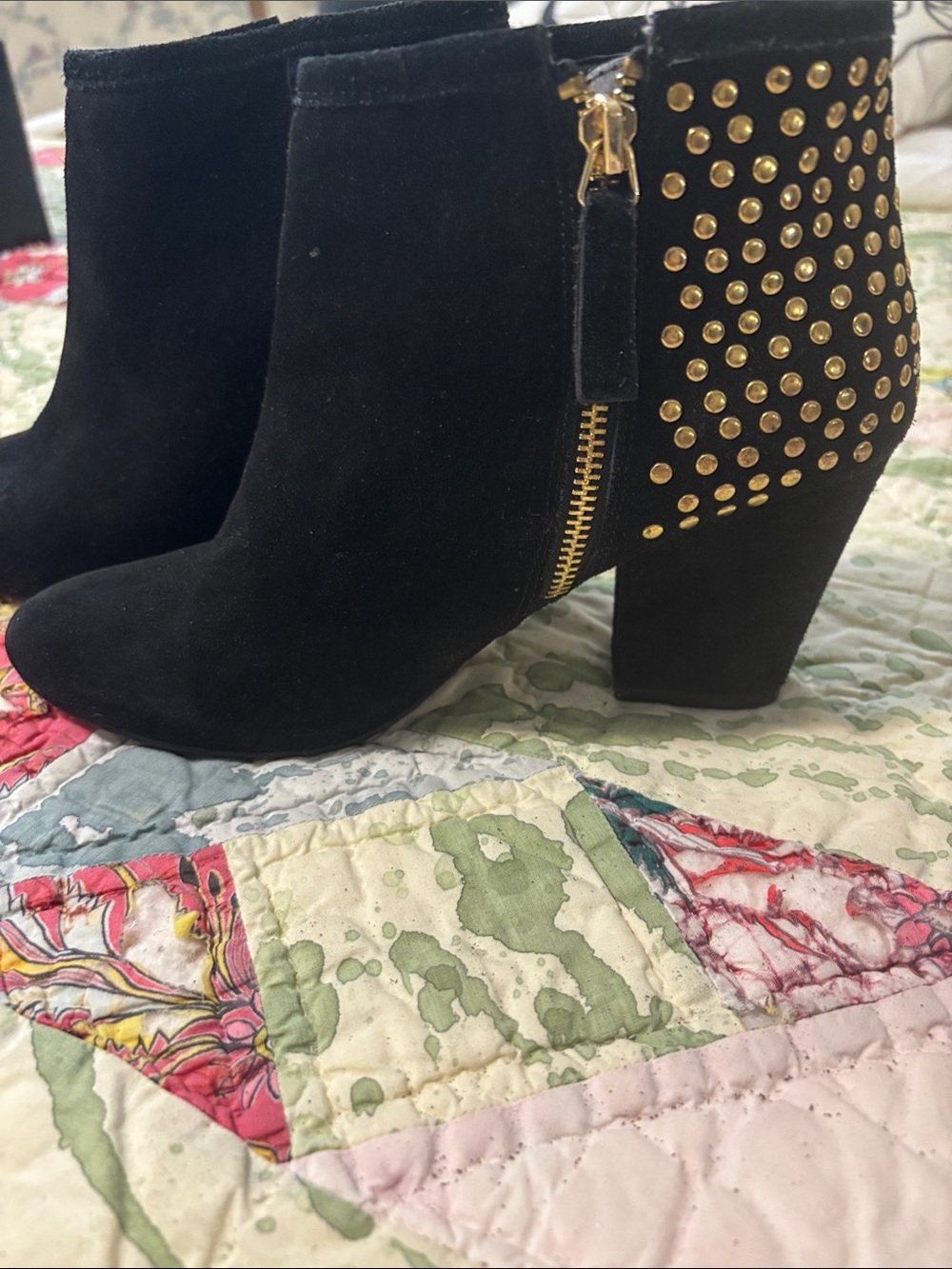 Steve Madden Black Suede Ankle Booties with Gold Stud Detail
